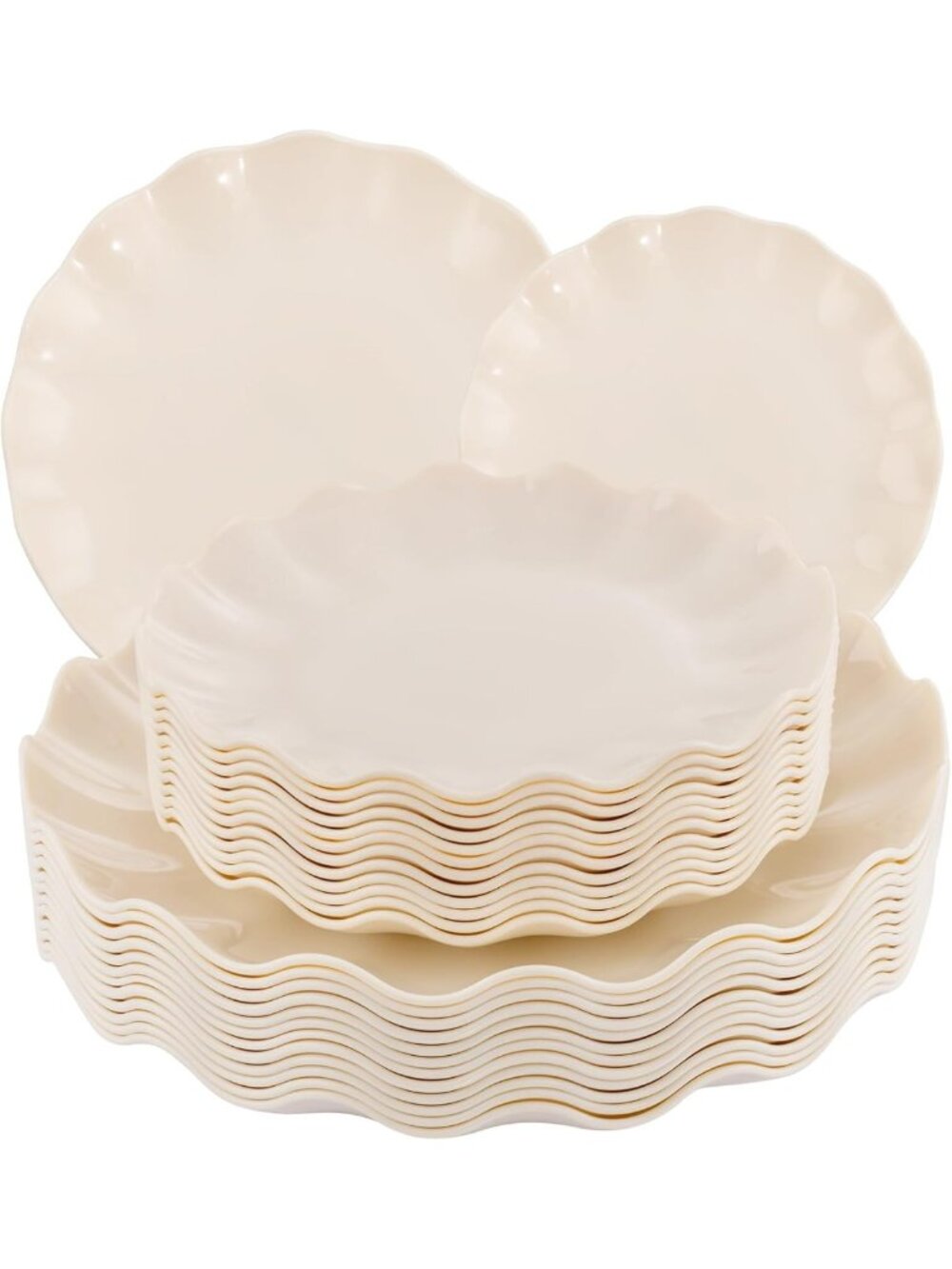 Reusable Scalloped Plastic Plates Set - 24 Unbreakable Dinner Plates, Ivory
